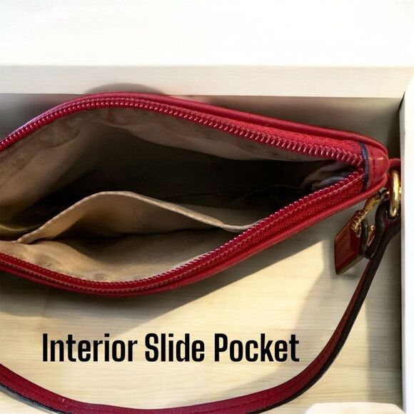 Coach Women's Red Leather Gold Logo Accents Coin Wristlet Strap Clutch Bag Purse - Picture 10 of 11